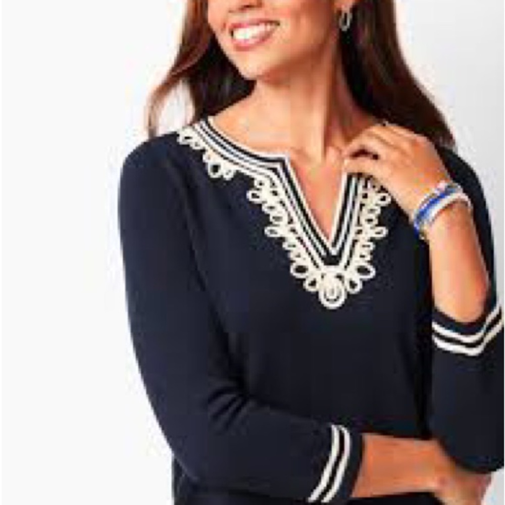 Talbots Embellished Split Neck Navy Sweater Size 1X Petite 3/4 Sleeves Casual - Picture 2 of 11